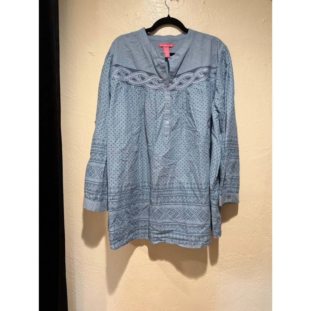 Woman Within River‎ Blue Cotton Embroidered Lace Heart Print Tunic Top 2X